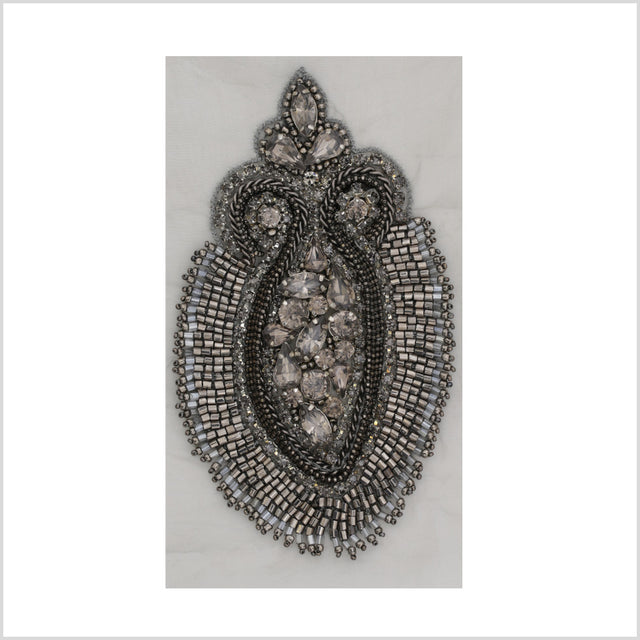 Gunmetal Beaded Rhinestone Applique on Gray Organza