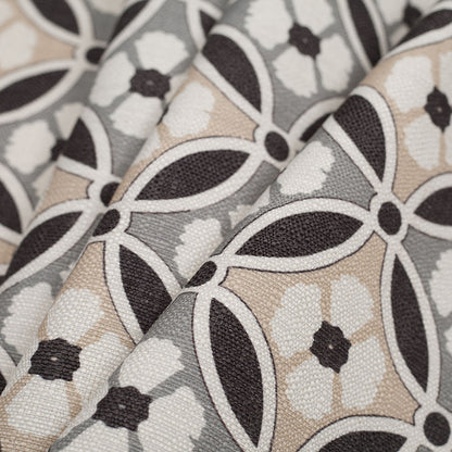 Spanish Black/Gray Floral Geometric Poly/Cotton Canvas - Folded