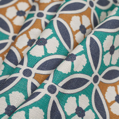 Spanish Green/Blue Floral Geometric Poly/Cotton Canvas - Folded