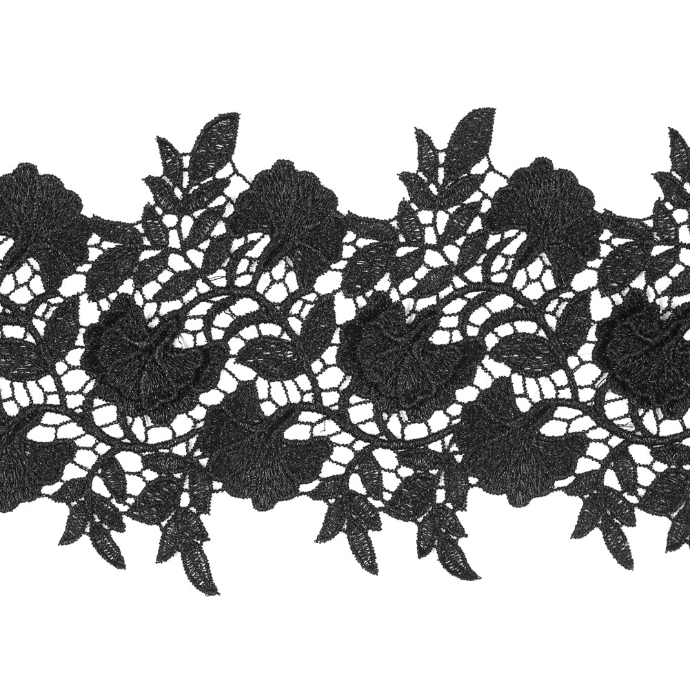 Metallic Black 3D Floral Lace Trim - 4 - Detail