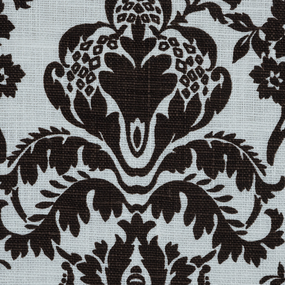 Brown and Lily White Damask Printed Linen Woven Detail