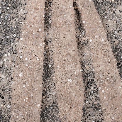 Beaded and Sequined Lace with Scallop Edge - Peach Floral Folded