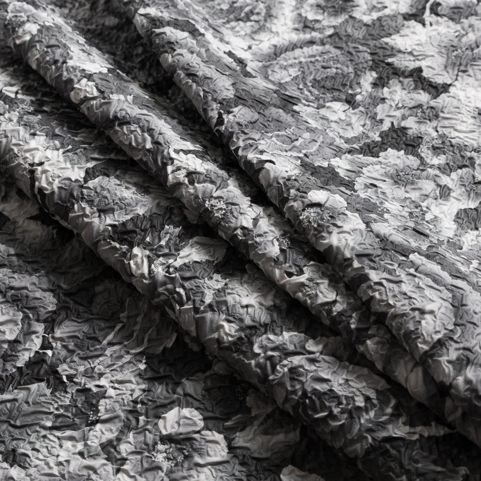 Black/White Floral Print on Crushed Polyester Woven - Folded