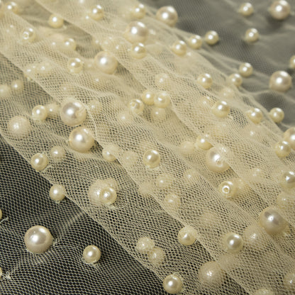 Fancy Pale Yellow Pearled Mesh/Lace - Detail
