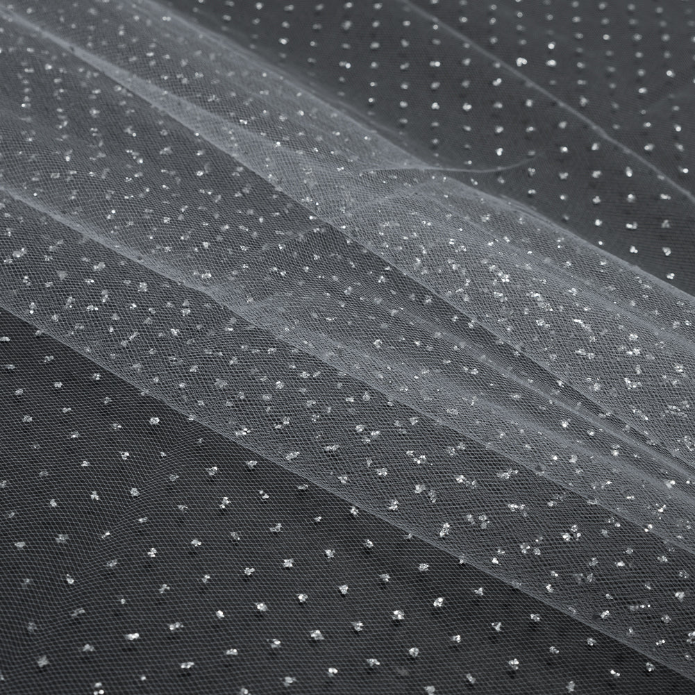 Glitter Tulle - Metallic Silver on White Folded
