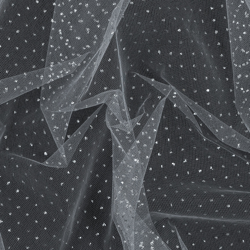 Glitter Tulle - Metallic Silver on White