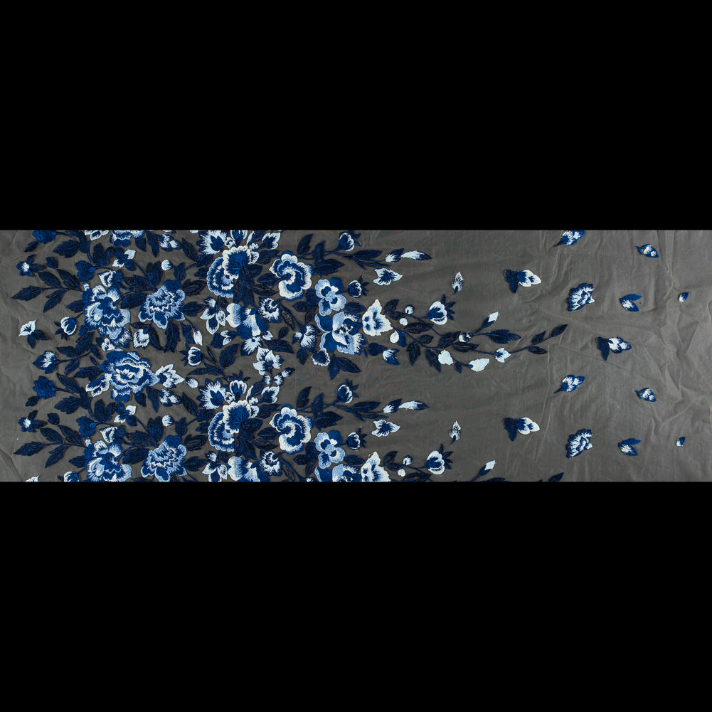 Royal Blue and Sea Foam Novelty Floral Embroidered Mesh Folded