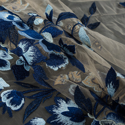 Royal Blue and Sea Foam Novelty Floral Embroidered Mesh Detail