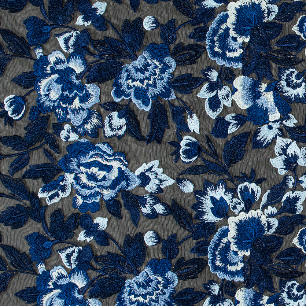 Royal Blue and Sea Foam Novelty Floral Embroidered Mesh