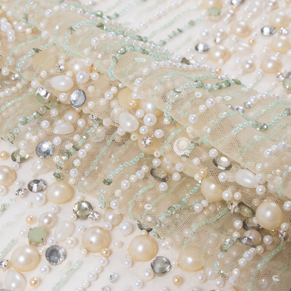 Champagne and Mint Fancy Beaded Tulle - Detail