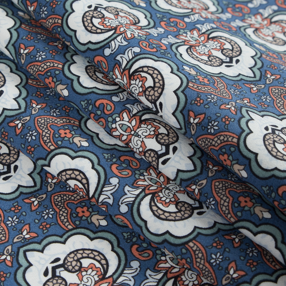 Blue/Orange/Green Printed Stretch Cotton Sateen - Detail