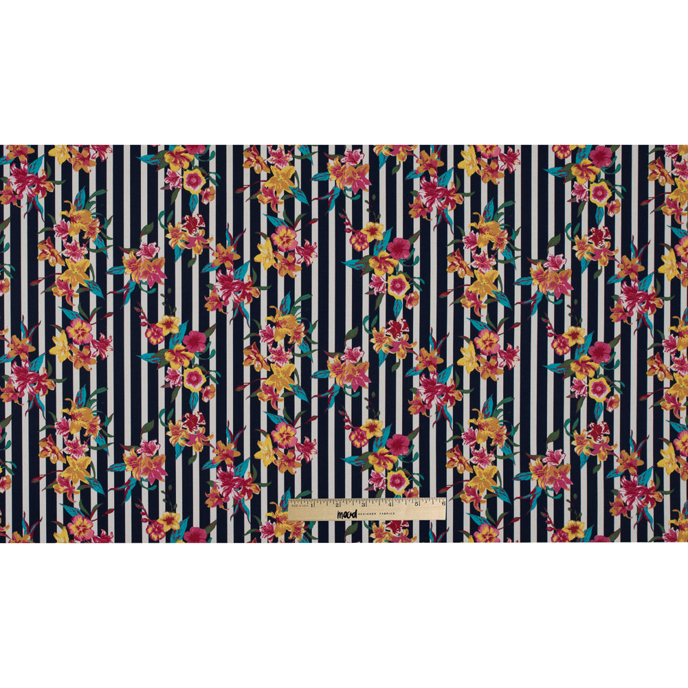 Navy/Multicolored Striped Floral Cotton Poplin - Folded