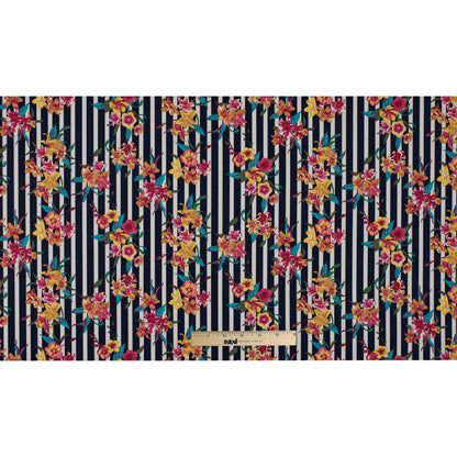 Navy/Multicolored Striped Floral Cotton Poplin - Folded