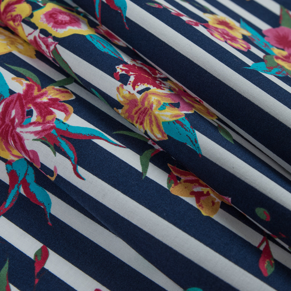 Navy/Multicolored Striped Floral Cotton Poplin - Detail