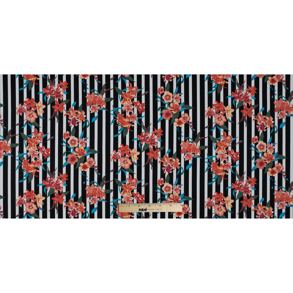 Black/Multicolored Striped Floral Cotton Poplin - Folded