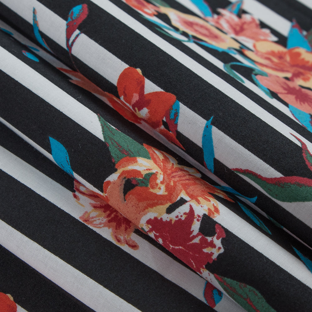 Black/Multicolored Striped Floral Cotton Poplin - Detail