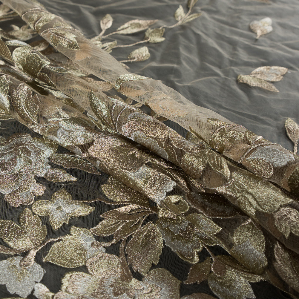 Metallic Gold Floral Embroidered Tulle - Folded