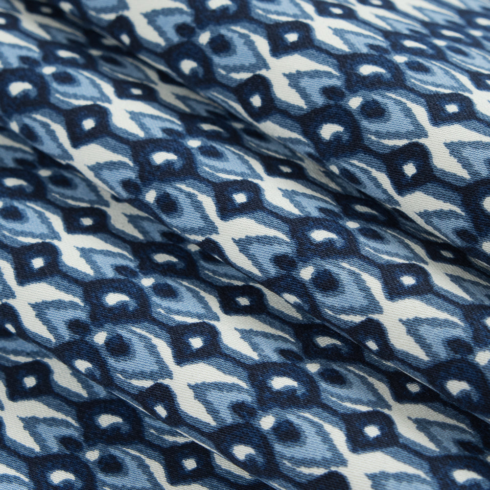 Blue Geometric Ikat Printed Stretch Cotton Sateen Folded