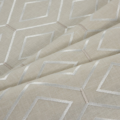 Parchment/Silver/Beige Geometric Embroidered Cotton Woven Folded
