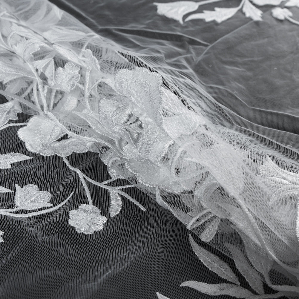 Floral Embroidered Tulle - White on White Folded