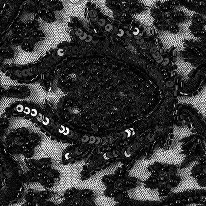 Black Beaded and Embroidered Tulle with Feathers Detail