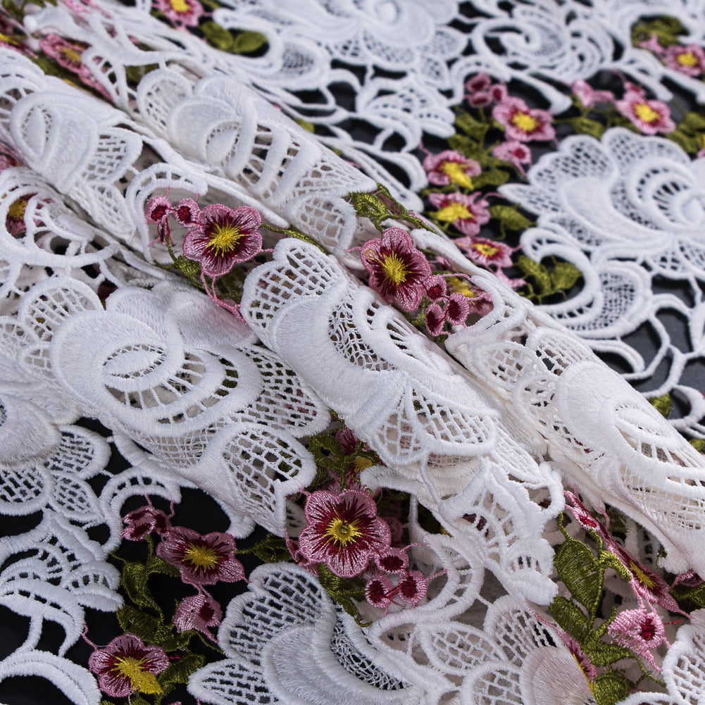 White Floral Embroidered Guipure Lace - Detail