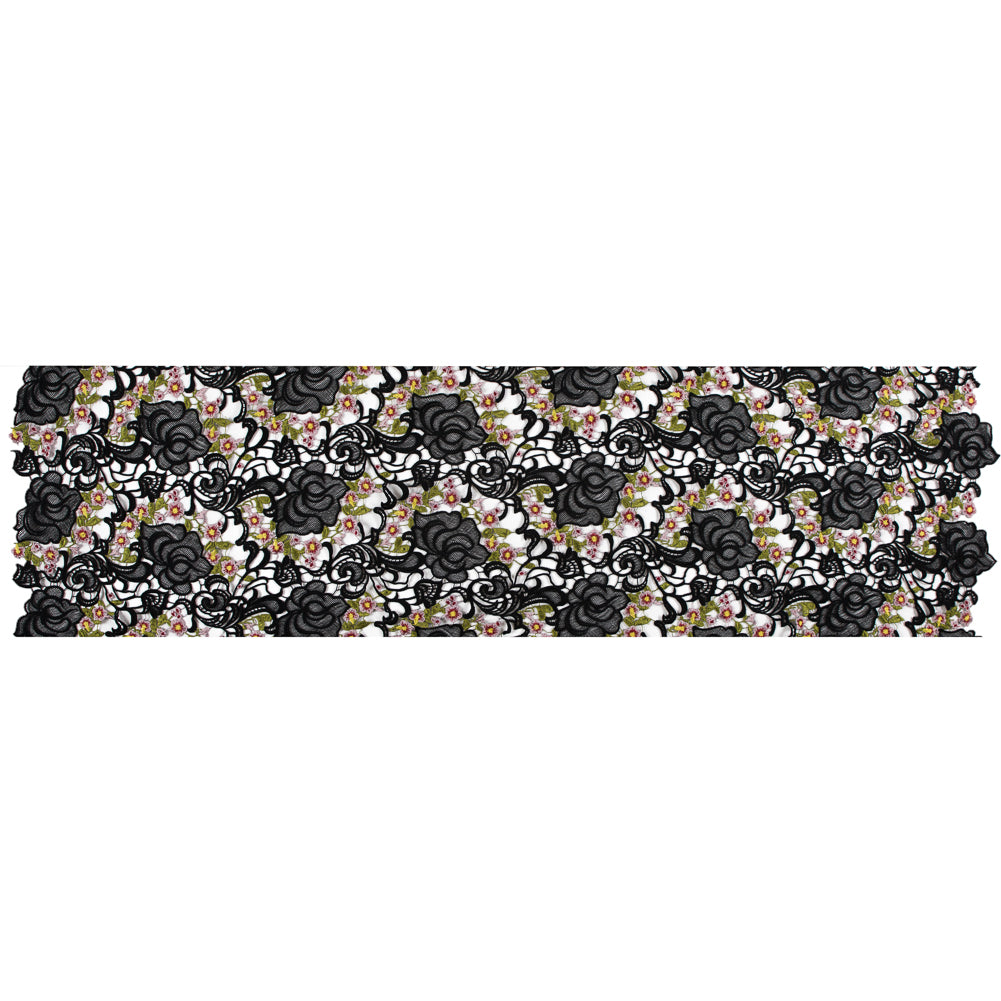 Black Floral Embroidered Guipure Lace Folded