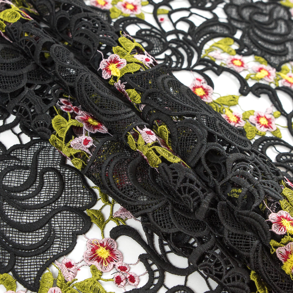 Black Floral Embroidered Guipure Lace Detail