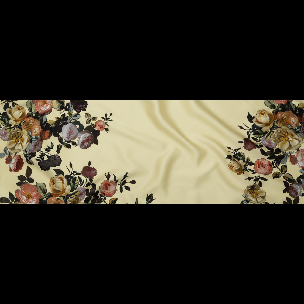 Tender Yellow and Black Forest Digitally Printed Flowers on a Premium Mikado/Twill - Folded