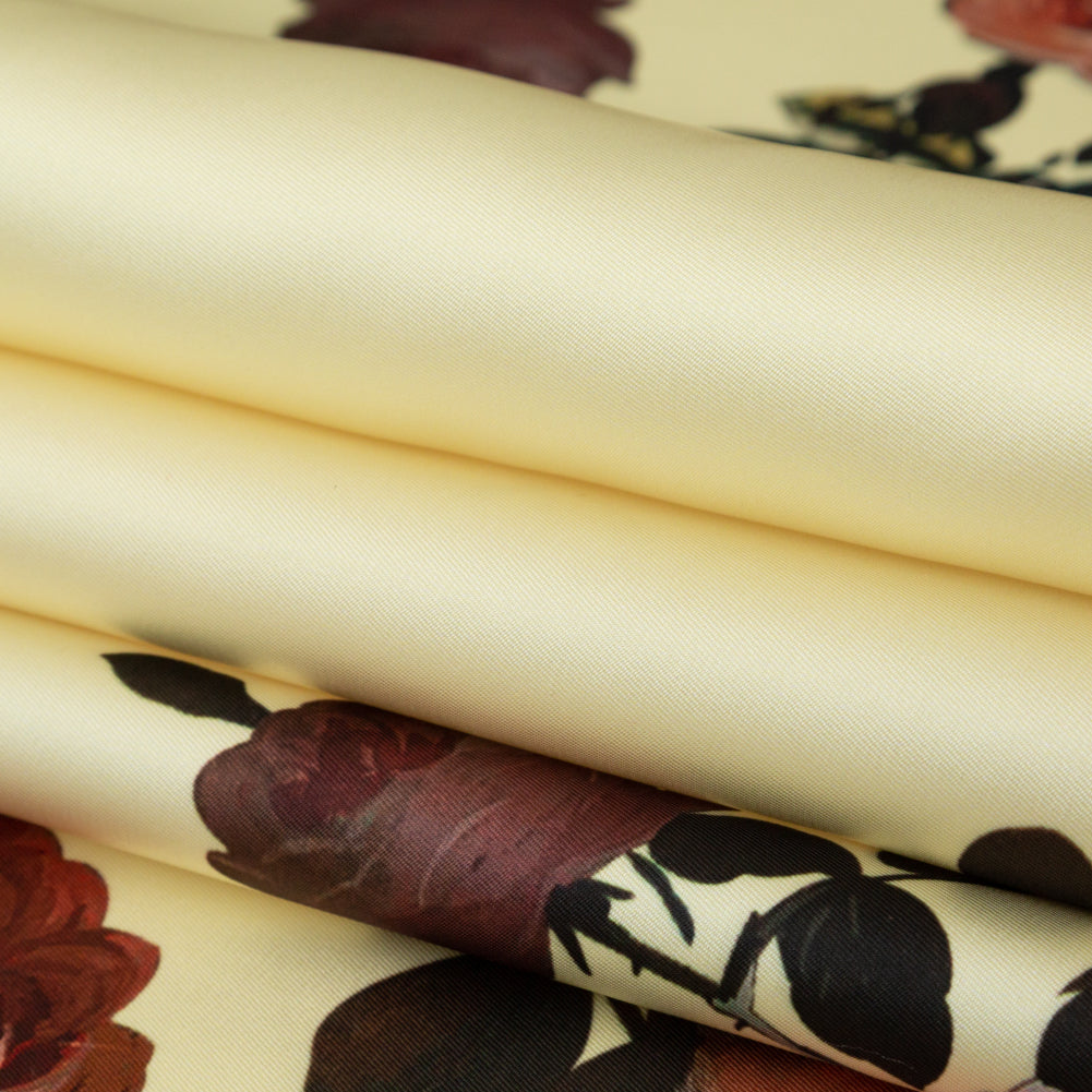 Tender Yellow and Black Forest Digitally Printed Flowers on a Premium Mikado/Twill - Detail