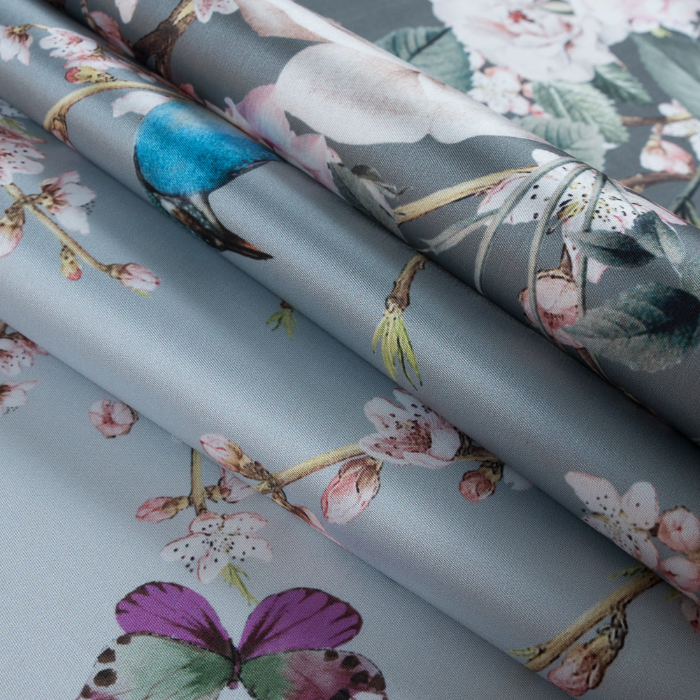 Roses, Hummingbirds and Butterflies Digitally Printed on a Lily Pad Premium Mikado/Twill - Detail