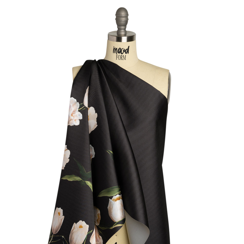 Black and Whisper White Digitally Printed Flowers on a Premium Mikado/Twill - Detail
