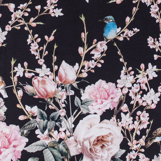 Roses, Hummingbirds and Butterflies Digitally Printed on a Black Premium Mikado/Twill