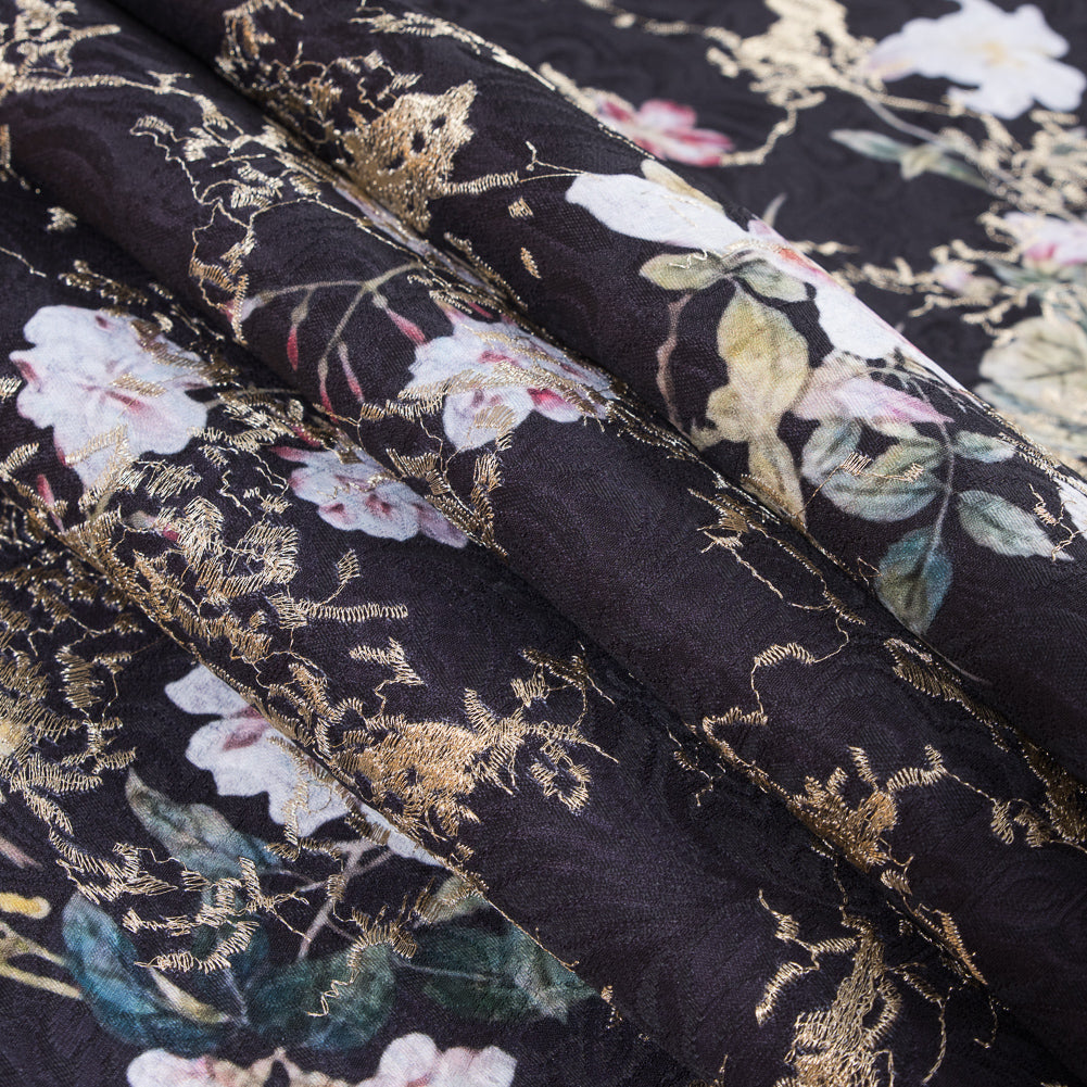 Floral Digitally Printed Butterfly Jacquard with Gold Metallic Embroidery - Folded