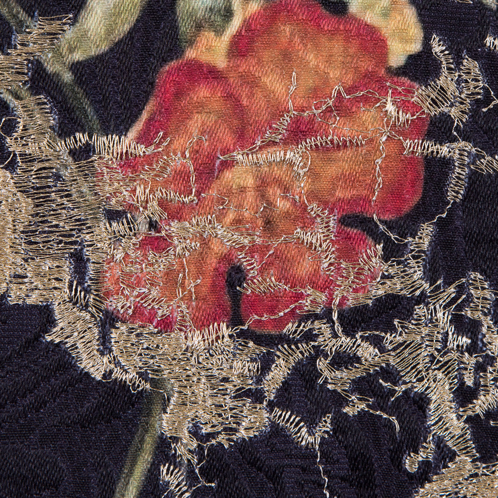 Floral Digitally Printed Butterfly Jacquard with Gold Metallic Embroidery - Detail