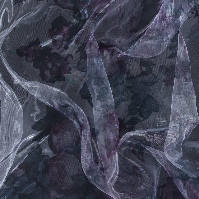Purple and Silver Floral Printed 3D Organza