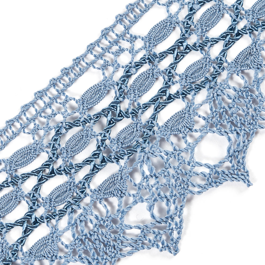 European Light Blue Scalloped Crochet Lace Trim with Satin Ribbon Detail - 2" Detail