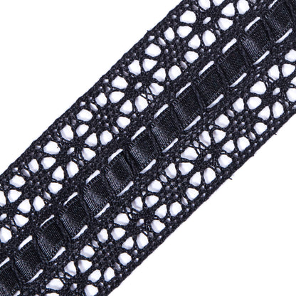 European Black Crochet Trim with Satin Ribbon Detail - 1.5" Detail