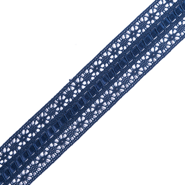 European Navy Crochet Trim with Satin Ribbon Detail - 1.5"