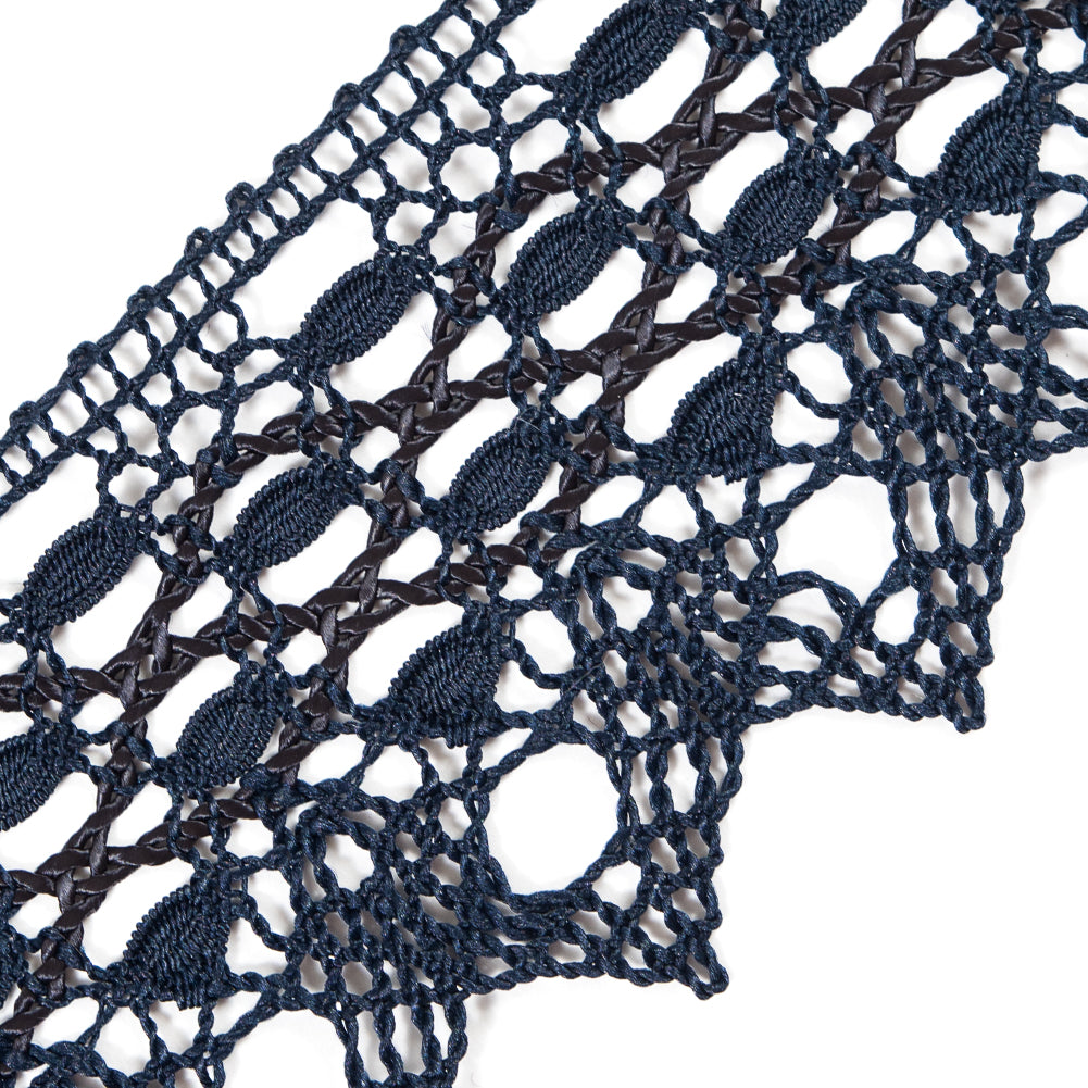 European Navy Scalloped Crochet Lace Trim with Satin Ribbon Detail - 2" Detail