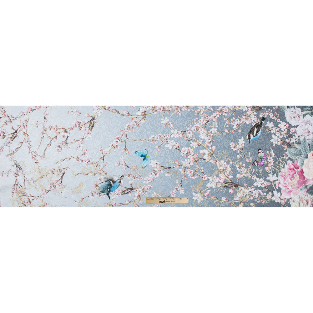 Birds and Branches Digitally Printed on a Gray Butterfly Jacquard with Metallic Gold Embroidery - Folded
