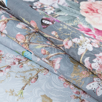Birds and Branches Digitally Printed on a Gray Butterfly Jacquard with Metallic Gold Embroidery - Detail
