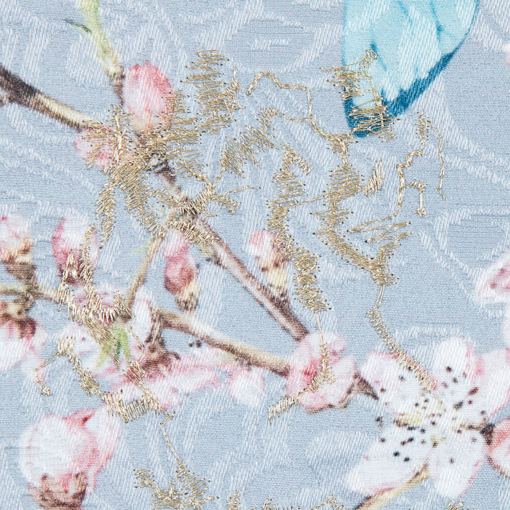 Birds and Branches Digitally Printed on a Gray Butterfly Jacquard with Metallic Gold Embroidery - Full