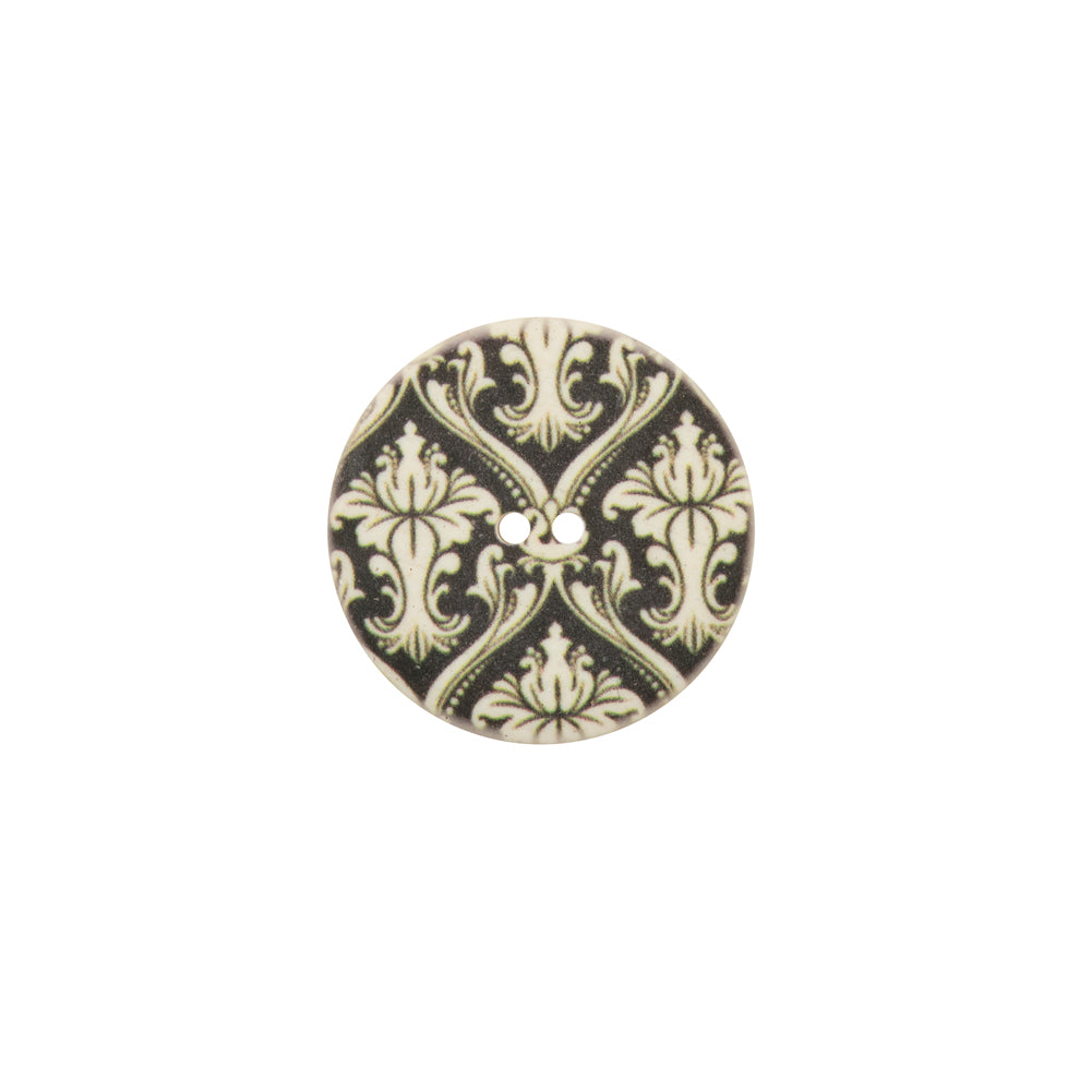 Italian Cypress Green Damask Printed Button - 24L/15mm