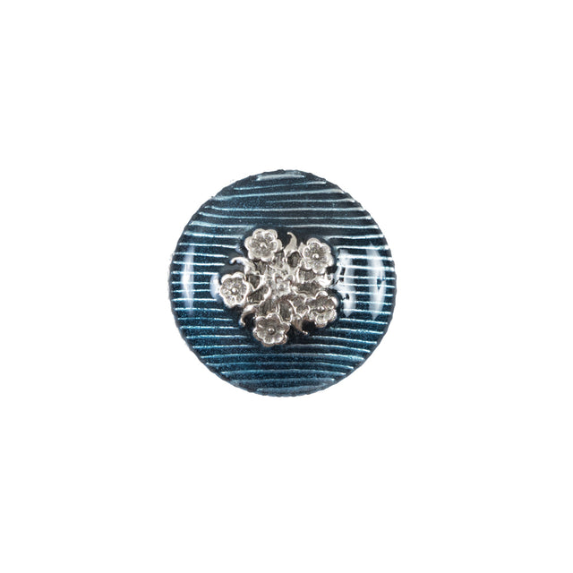 Italian Aqua and Silver Floral Metal Button - 24L/15mm