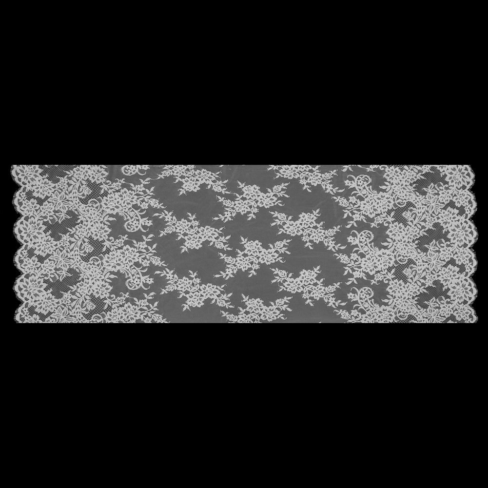 White Floral Fancy Corded Lace with Scalloped Eyelash Edges - Folded