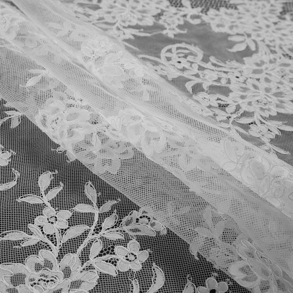 White Floral Fancy Corded Lace with Scalloped Eyelash Edges - Detail