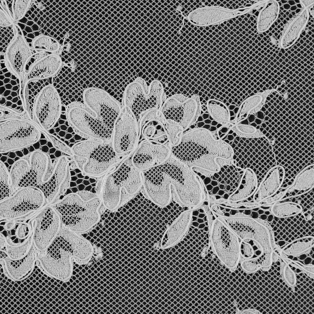 White Floral Fancy Corded Lace with Scalloped Eyelash Edges - Full