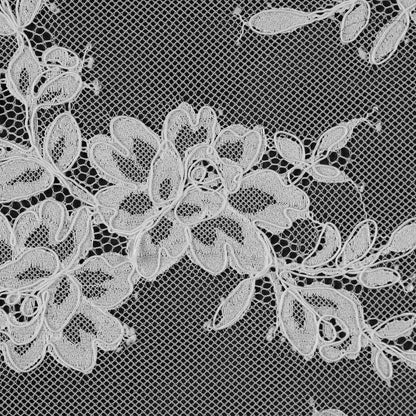 White Floral Fancy Corded Lace with Scalloped Eyelash Edges - Full