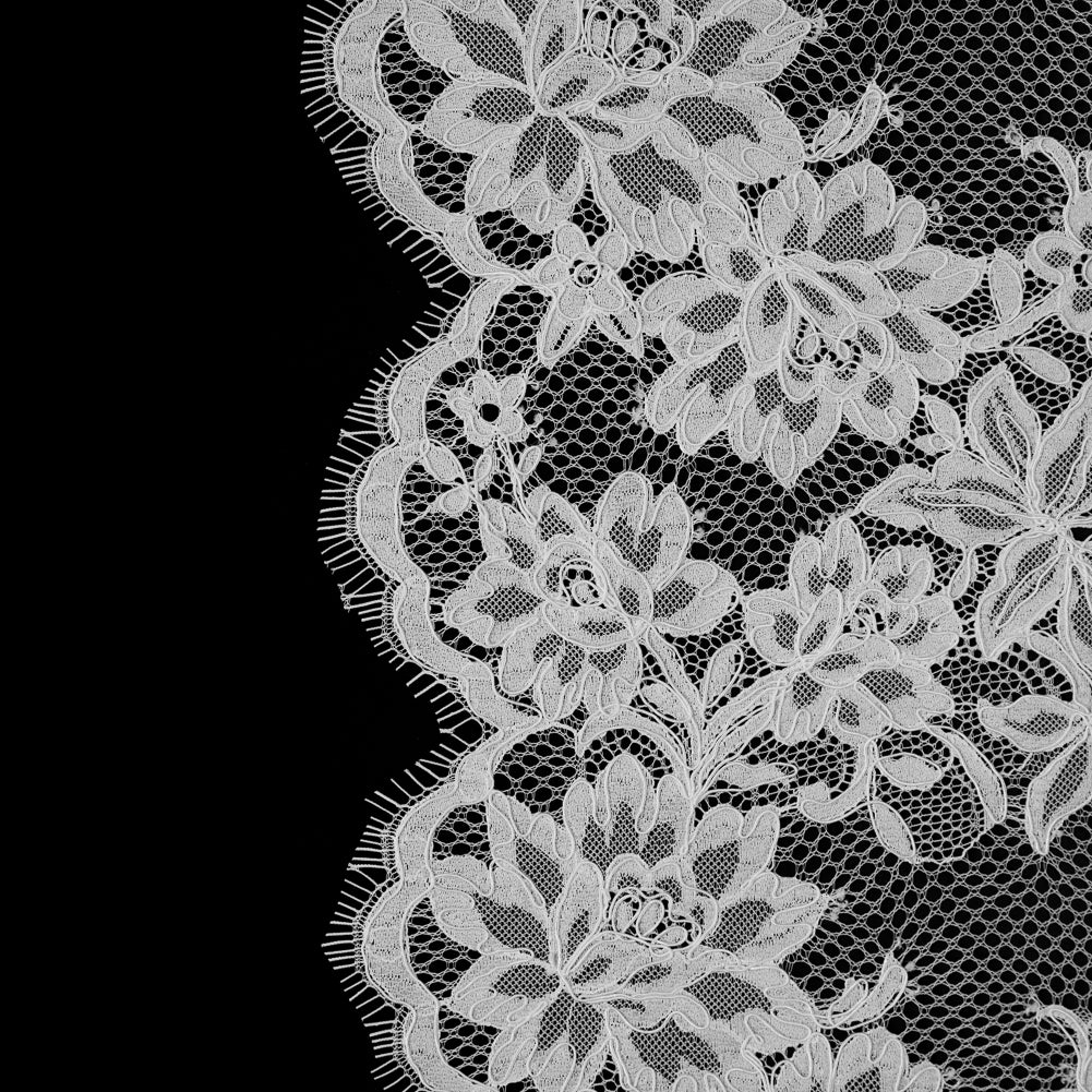 White Floral Fancy Corded Lace with Scalloped Eyelash Edges